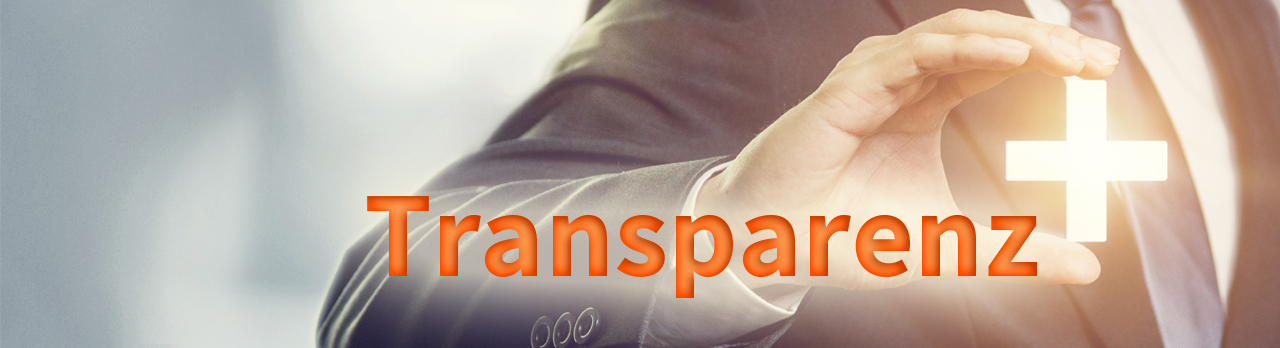 Ein Plus-Zeichen und das Wort "Transparenz" vor einem Mann mit Anzug im Hintergrund, dessen hand das Plus-Zeichen mit Daumen und Zeigefinger umfasst.